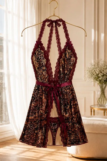 Leopar Desenli Bordo Dantel Detaylı Gecelik ve Külot Takımı Bella Notte 36173 - Leopar