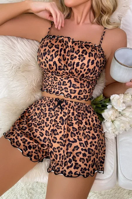 Leopar Desenli Yazlık Şort Pijama Takım Real Passione S-51 - Kahverengi