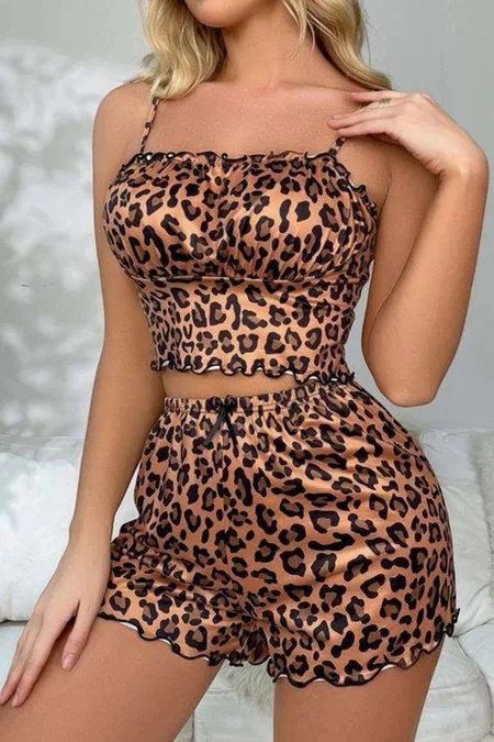 Leopar Desenli Yazlık Şort Pijama Takım Real Passione S-51 - Kahverengi