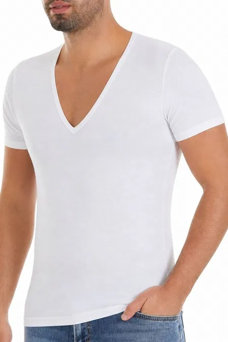 Likralı Derin V Yaka Erkek T-Shirt Beyaz Yıldız 355 - Beyaz