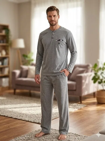 Likralı İki İplik Cepli Erkek Pijama Takımı Bone Club 6371 - Gri Melanj