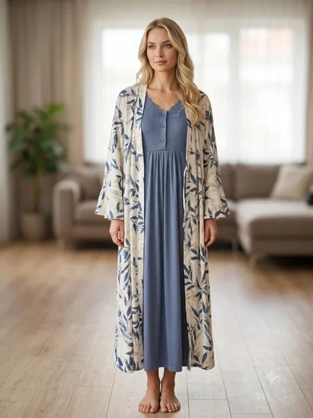 Likralı Saten Kadın 2'li Pijama Takımı Bone Club 6328 - Mavi
