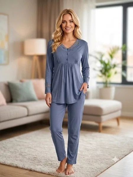 Likralı Saten Kadın 2'li Pijama Takımı Bone Club 6328 - Mavi