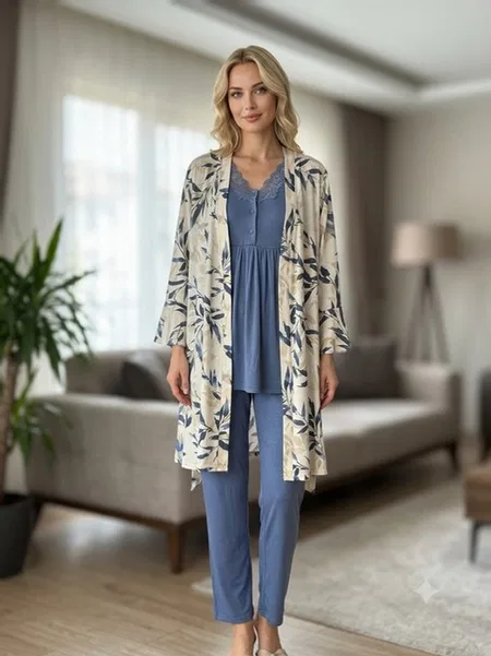Likralı Saten Kadın 3'lü Pijama Takımı Bone Club 6327 - Mavi