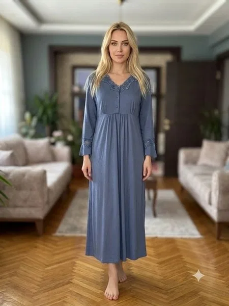 Likralı Saten Kadın 3'lü Pijama Takımı Bone Club 6327 - Mavi