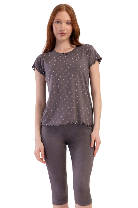 Likralı Viskon Kayık Yaka Kısa Kol Kapri Pijama Vienetta 409289 - Füme