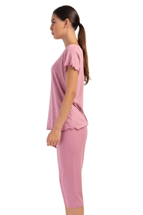 Likralı Viskon Leopar Desenli Kapri Pijama Takımı Vienetta 404006 - Gül Kurusu