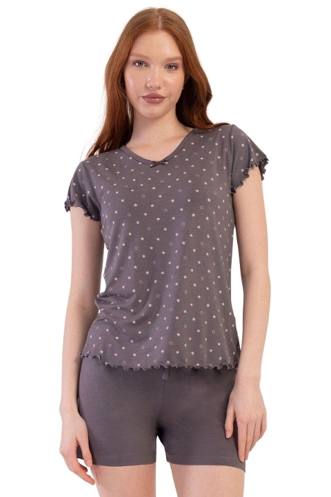 Büyük Beden Likralı Viskon V Yaka Kısa Kol Şort Pijama Vienetta 409291 - Füme