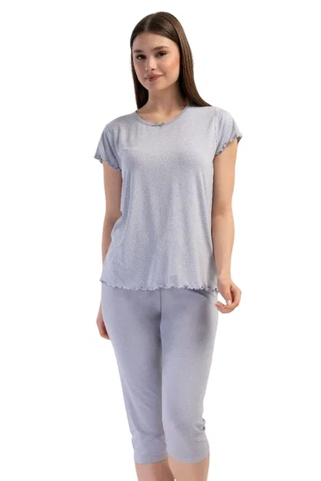 Likralı Viskon V Yaka Kısa Kol Eteği Oval Kapri Takım Vienetta 409306