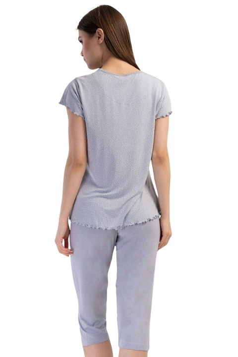 Likralı Viskon V Yaka Kısa Kol Eteği Oval Kapri Takım Vienetta 409306 - 2