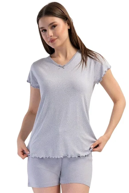 Viskon V Yaka Kısa Kol Eteği Oval Şort Takım Vienetta 409305