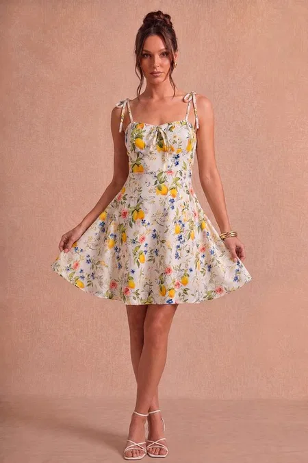 Limonlu Çiçekli Fiyonklu Askılı Kısa Elbise Bella Notte E-5598 - Sarı