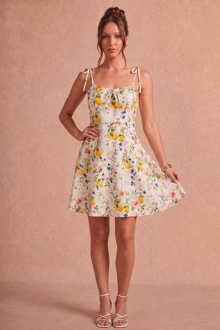 Limonlu Çiçekli Fiyonklu Askılı Kısa Elbise Bella Notte E-5598 - Sarı