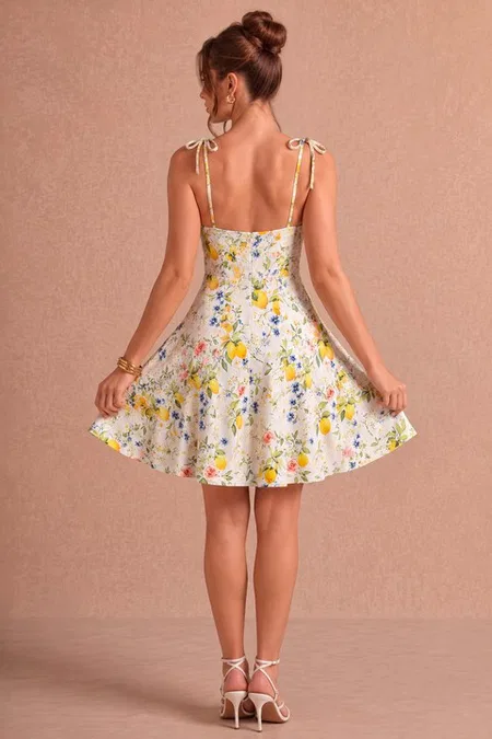 Limonlu Çiçekli Fiyonklu Askılı Kısa Elbise Bella Notte E-5598 - Sarı