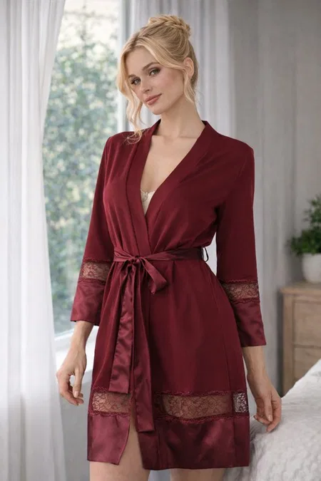 Miorre Dantelli Penye Sabahlık - Bordo