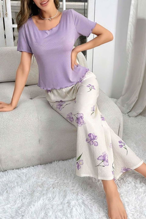Pamuklu Uzun Pijama Takımı Mor Çiçek Desenli Ruselin 5133