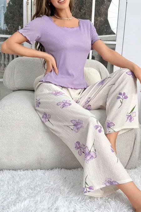 Pamuklu Uzun Pijama Takımı Mor Çiçek Desenli Ruselin 5133 - 2