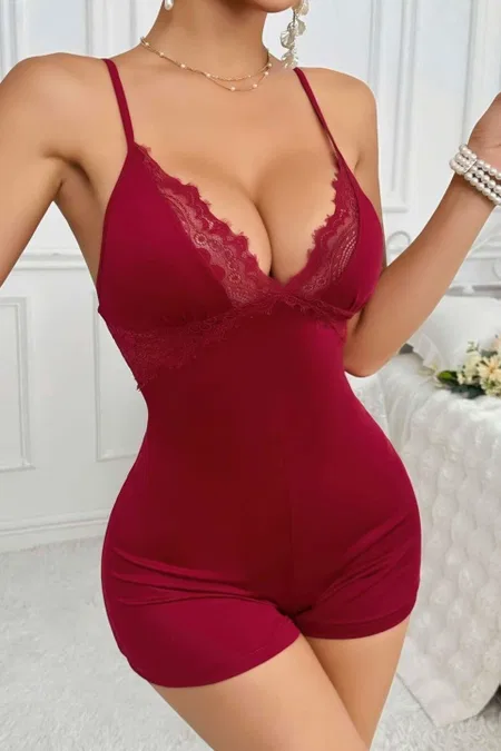 Bordo Dantel İşlemeli Pamuklu Tulum Pijama Ruselin 5126 - 2