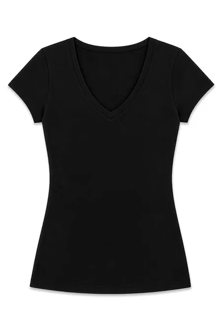 Pamuklu Likralı V Yaka Kısa Kol Kadın T-Shirt Siyah Yıldız 2371 - Siyah