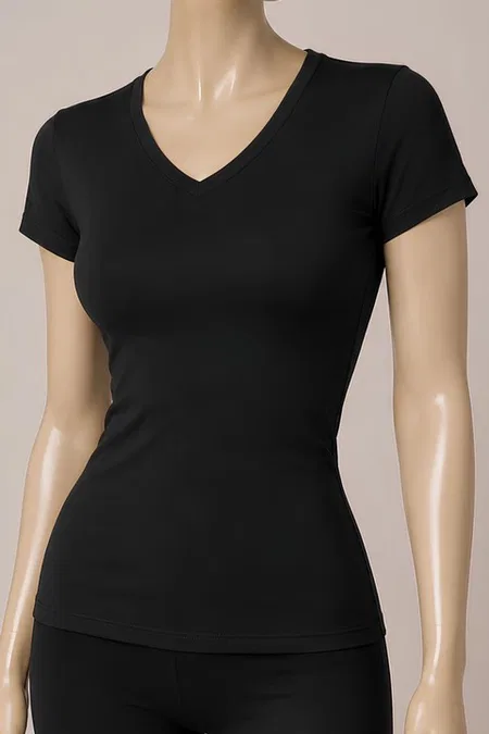 Pamuklu Likralı V Yaka Kısa Kol Kadın T-Shirt Siyah Yıldız 2371 - Siyah