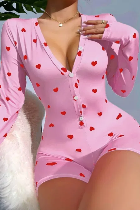 Pamuklu Pembe Kalp Desenli Düğmeli Uzun Kol Tulum Pijama Ruselin 5121 - 2