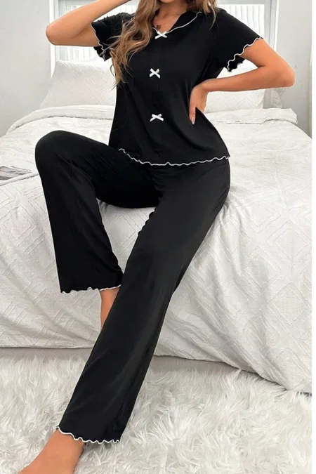 Pamuklu Siyah Fiyonk Detaylı Mevsimlik Pijama Takımı Ruselin 5130 - Siyah