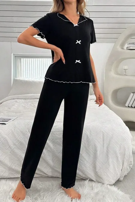 Pamuklu Siyah Fiyonk Detaylı Mevsimlik Pijama Takımı Ruselin 5130 - Siyah