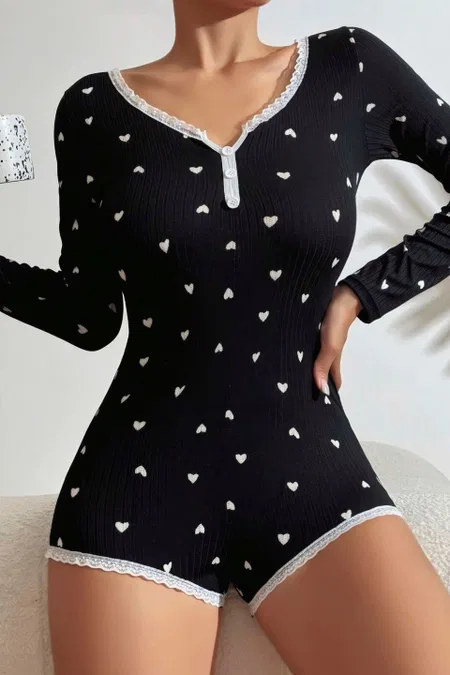 Pamuklu Kalp Desenli Tulum Pijama Takımı Ruselin 5122 - Siyah