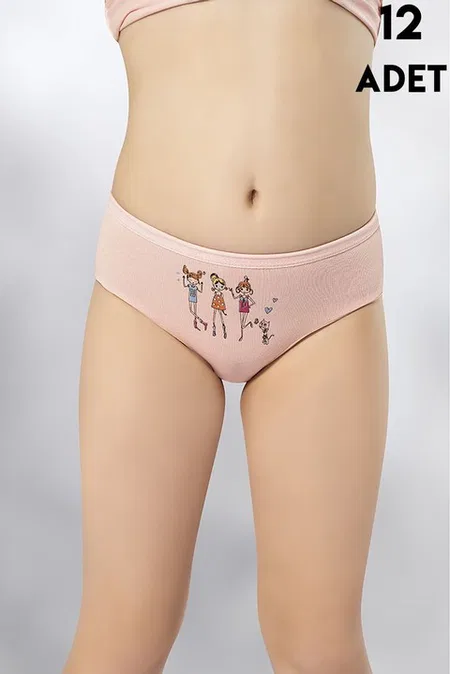 Parça Baskılı Penye Kız Çocuk Bikini Külot 12'li Kota 3410 - Asorti