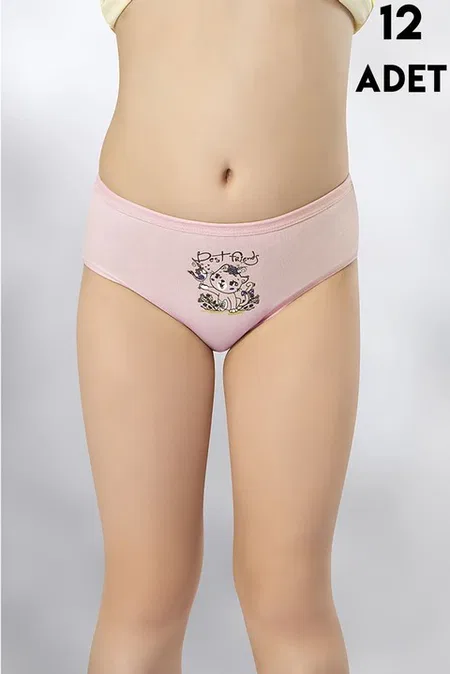 Parça Baskılı Penye Kız Çocuk Bikini Külot 12'li Kota 3410 - Asorti