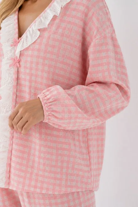Pembe Beyaz Pötikare Fisto Fırfır Detaylı Uzun Kollu Pijama Takımı Bella Notte 61249 - Pembe