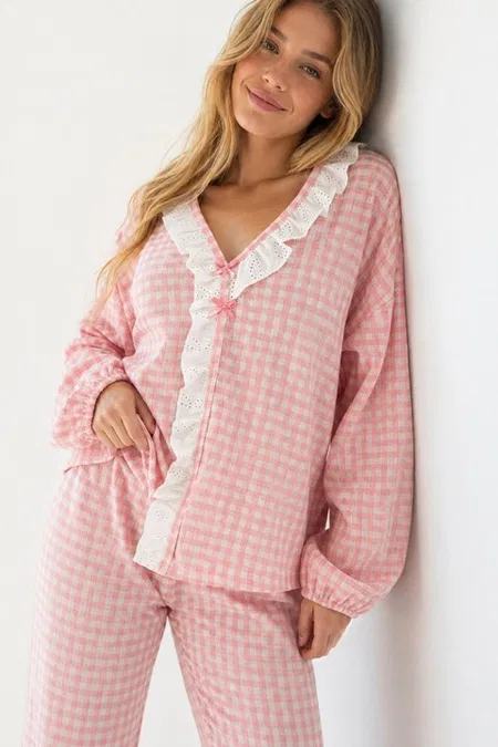 Pembe Beyaz Pötikare Fisto Fırfır Detaylı Uzun Kollu Pijama Takımı Bella Notte 61249 - Pembe