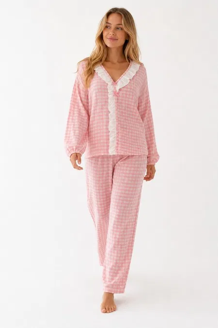 Pembe Beyaz Pötikare Fisto Fırfır Detaylı Uzun Kollu Pijama Takımı Bella Notte 61249 - Pembe