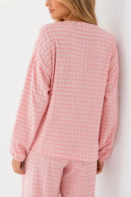 Pembe Beyaz Pötikare Fisto Fırfır Detaylı Uzun Kollu Pijama Takımı Bella Notte 61249 - Pembe