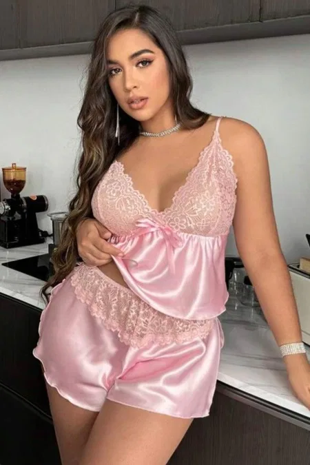 Leopard Desenli Dantelli Büyük Beden Kadın Şort Takım Real Passione 10004 - Pembe