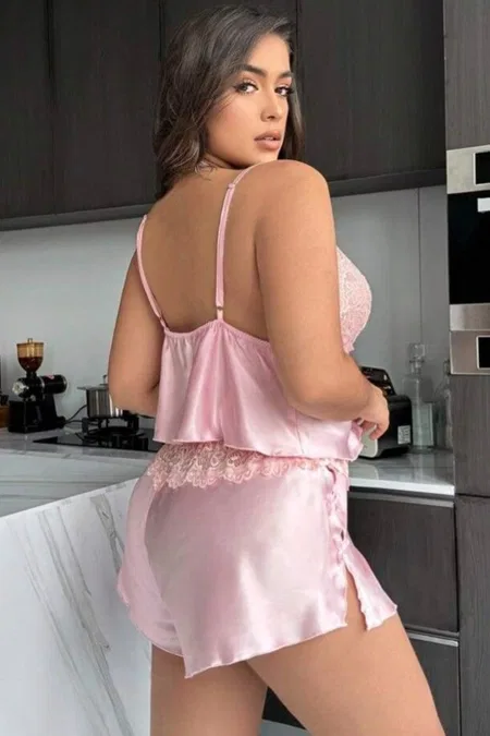 Leopard Desenli Dantelli Büyük Beden Kadın Şort Takım Real Passione 10004 - Pembe