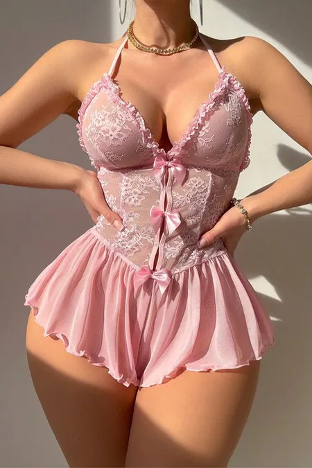 Pembe Dantelli Seksi Kadın Babydoll Ruselin 2309 - Pembe