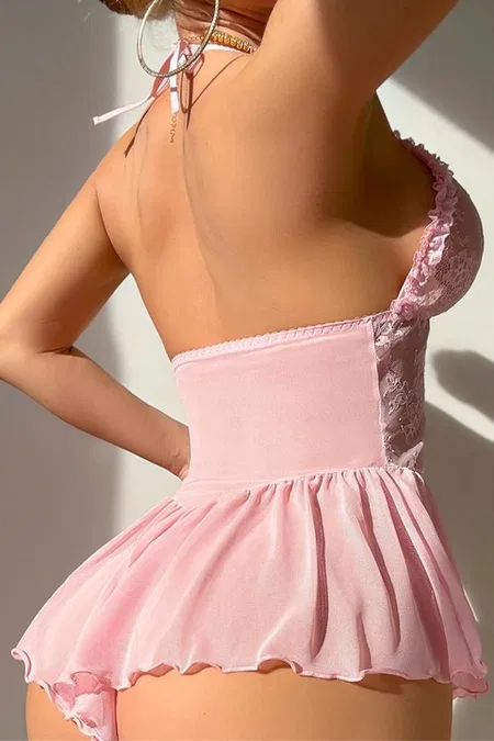 Pembe Dantelli Seksi Kadın Babydoll Ruselin 2309 - Pembe