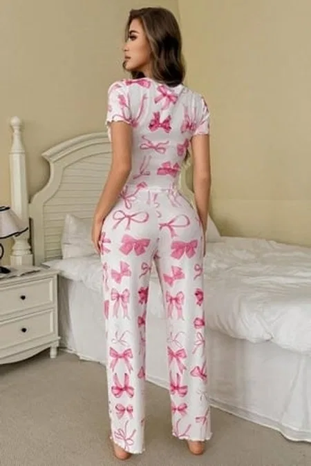 Pembe Fiyonk Desenli Süs Düğmeli Yazlık Pijama Takımı Bella Notte 7395 - Pembe