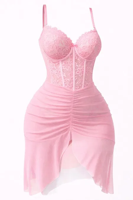 Pembe Dantelli Korse Görünümlü Yırtmaçlı Tül Kadın Gecelik Real Passione 4089 - Pembe