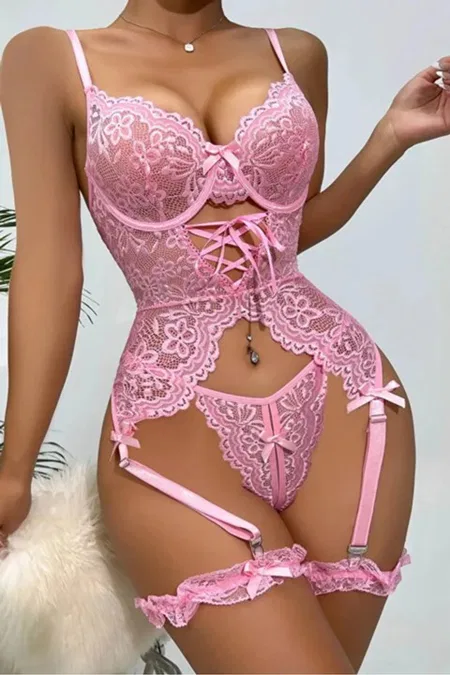 Pembe Modern Şık Rahat Dantelli Jartiyer Gecelik Set İzabel 12011 - Pembe