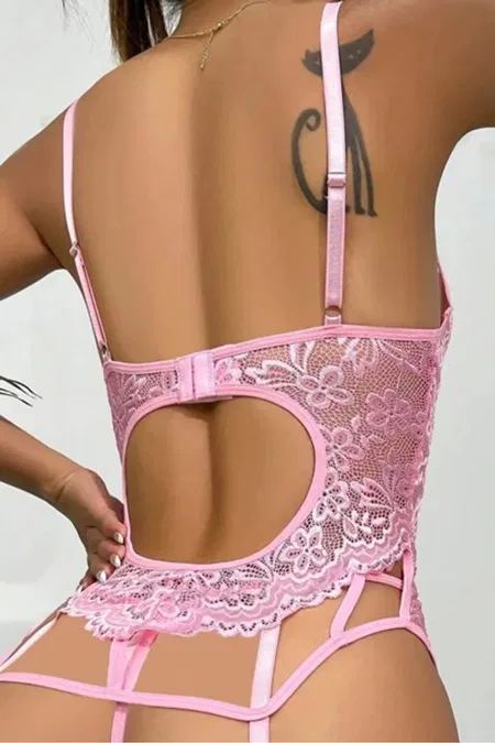 Pembe Modern Şık Rahat Dantelli Jartiyer Gecelik Set İzabel 12011 - Pembe