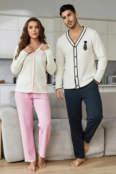 Pembe Uzun Kollu Düğme Ve Kurdele Detaylı Pamuklu Yeni Sezon Kadın Çift Pijaması Bella Notte CP-7589 - Pembe