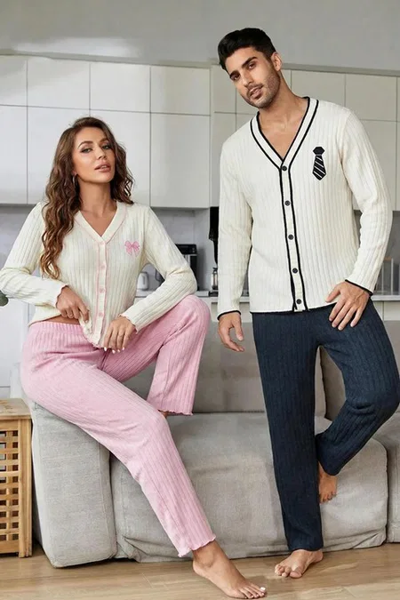 Pembe Uzun Kollu Düğme Ve Kurdele Detaylı Pamuklu Yeni Sezon Kadın Çift Pijaması Bella Notte CP-7589 - Pembe