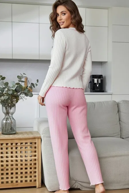 Pembe Uzun Kollu Düğme Ve Kurdele Detaylı Pamuklu Yeni Sezon Kadın Çift Pijaması Bella Notte CP-7589 - Pembe