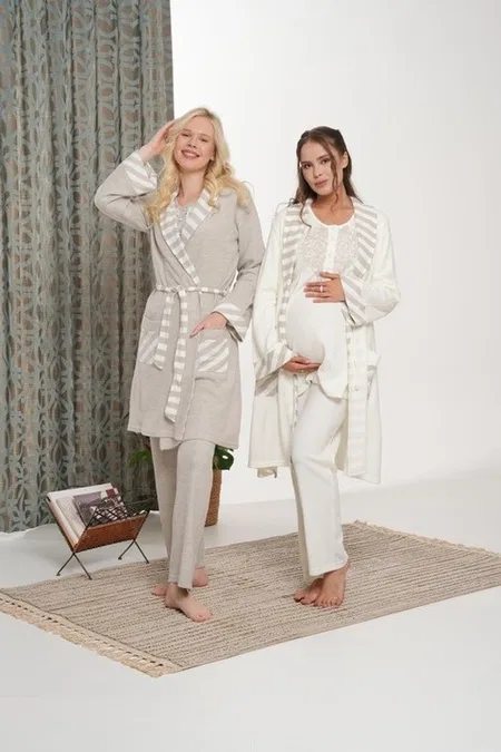 Bone Club Petek Dokulu Hamile Lohusa 3'lü Pijama Takımı Bone Club 5907 - Görsel 2