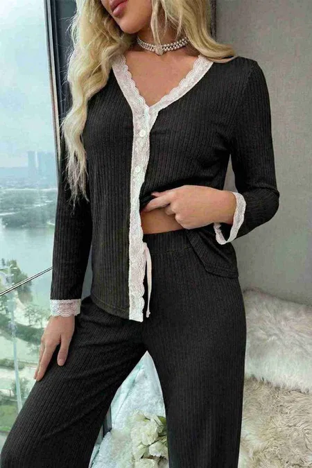 Ribanalı Dantel Detay İki Parça Pijama Takım Merry See MS4436 Siyah - Siyah