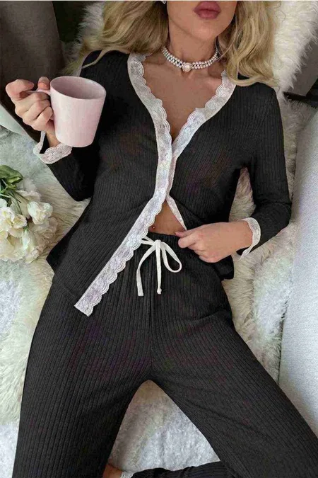 Ribanalı Dantel Detay İki Parça Pijama Takım Merry See MS4436 Siyah - Siyah