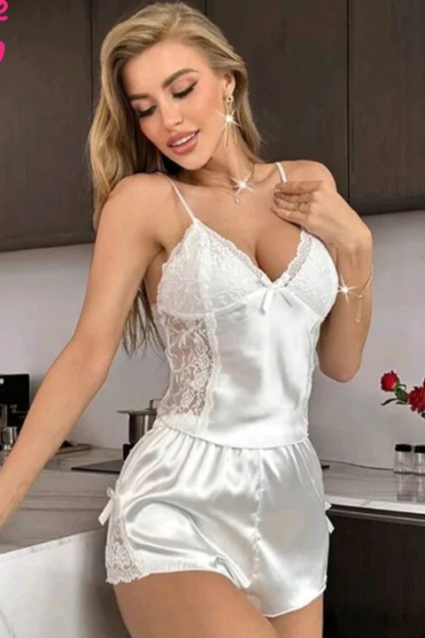 Beyaz Dantelli İp Askılı Saten Şortlu Pijama Takımı Real Passione 1122