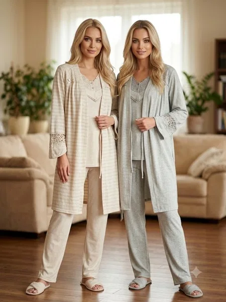 Bone Club Simli Hamile Lohusa 3'lü Pijama Takımı Bone Club 6307 - Görsel 2